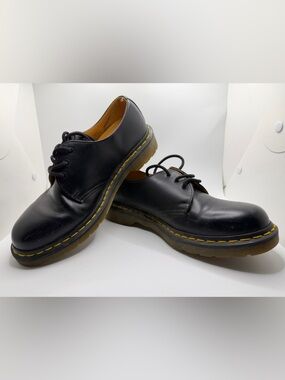 Black Leather Dr. Martens Derby Shoes with Yellow Stitch Detail